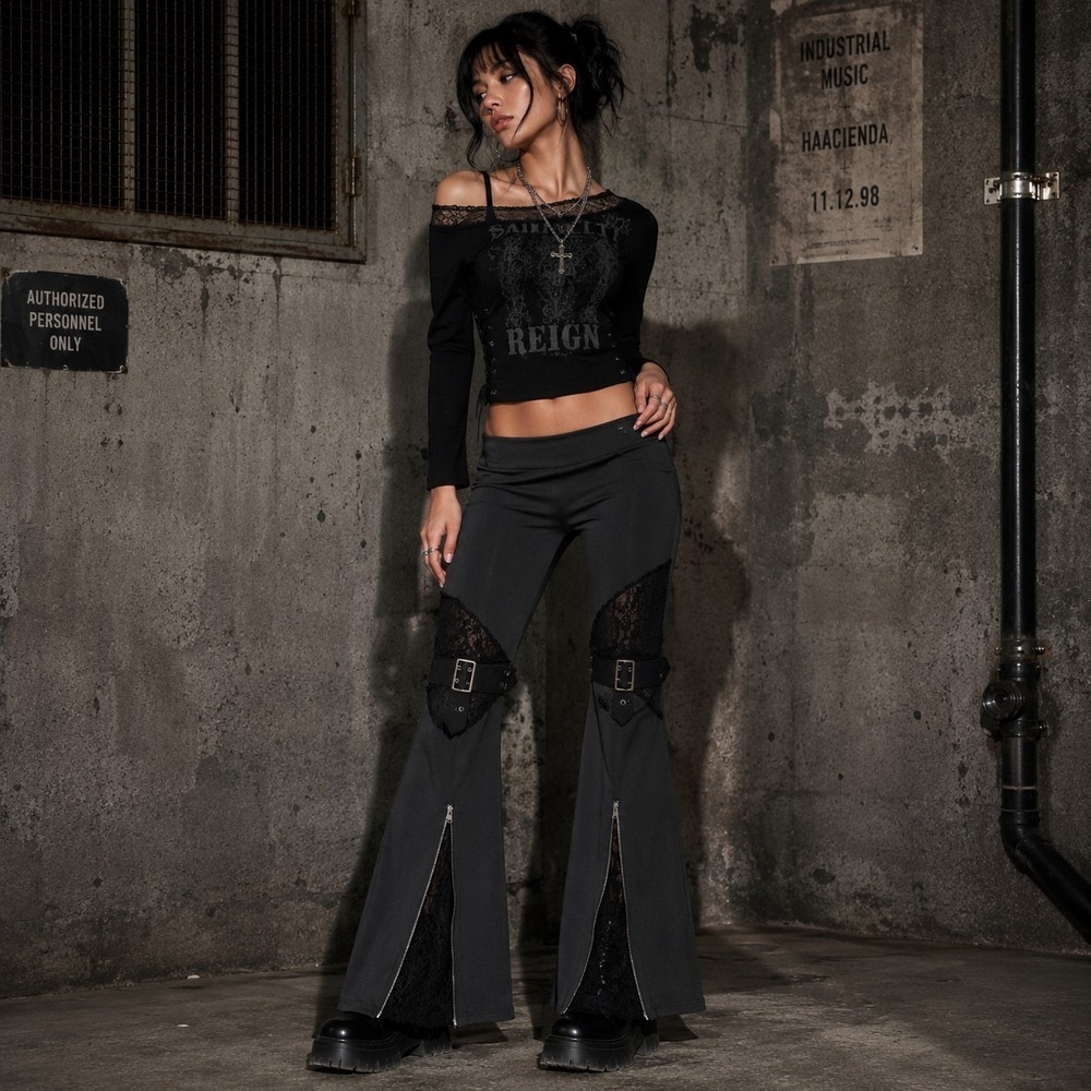 Y2K Goth Lace Flare Pants 1X Black Buckles Bell Bottom Zip Alt Goth Cyber Emo